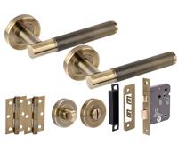 Hunta HANDLEZONE® Evo Knurled Grip Door Handles on Rose Bathroom Lock Pack with 76mm Lock, Standard Turn Set, 75mm Ball Bearing Hinges - Antique Bronze