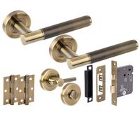 Hunta HANDLEZONE® Evo Knurled Grip Door Handles on Rose Bathroom Lock Pack with Knurled Turn Set, 76mm Lock, 75mm Ball Bearing Hinges - Antique Bronze
