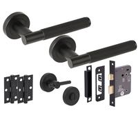 Hunta HANDLEZONE® Evo Knurled Grip Door Handles on Rose Bathroom Lock Pack with Knurled Turn Set, 76mm Lock, 75mm Ball Bearing Hinges - Black Matt