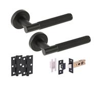 Hunta HANDLEZONE® Evo Knurled Grip Internal Door Handle Pack, Complete with Lever Handles, 76mm Latch, 75mm Ball Bearing Hinges - Black Matt
