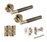 Hunta HANDLEZONE® Evo Knurled Grip Privacy Door Handle Pack, Complete with Lever Handles, 76mm Latch, 75mm Ball Bearing Hinges - Antique Bronze