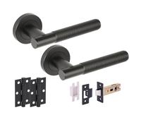 Hunta HANDLEZONE® Halo Ring Knurled Internal Door Handle Pack, Complete with Lever Handles, 76mm Latch, 75mm Ball Bearing Hinges - Black Matt