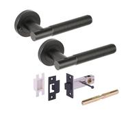 Hunta HANDLEZONE® Halo Ring Knurled Knurled Privacy Lever On Round Rose Door Handles, with Privacy Latch, for Bathroom, Toilet, WC Doors, 1 Set - Black Matt