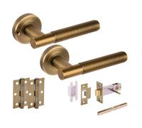 Hunta HANDLEZONE® Halo Ring Knurled Privacy Door Handle Pack, Complete with Lever Handles, 76mm Latch, 75mm Ball Bearing Hinges - Matt Bronze