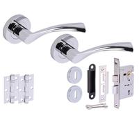 Hunta HANDLEZONE® Lobo Door Handles on Rose 3 Lever Lock Pack with 75mm Ball Bearing Hinges and 76mm Lock - Polished Chrome