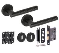 Hunta HANDLEZONE® Roca Diamond Cut Knurled Door Handles on Rose 3 Lever Lock Pack, 76mm Lock, 75mm Ball Bearing Hinges - Black Matt