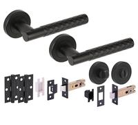 Hunta HANDLEZONE® Roca Diamond Cut Knurled Door Handles on Rose Bathroom Deadbolt Pack with Standard Turn Set, 76mm Lock and Latch, 75mm Ball Bearing Hinges - Black Matt