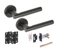 Hunta HANDLEZONE® Roca Diamond Cut Knurled Privacy Door Handle Pack, Complete with Lever Handles, 76mm Latch, 75mm Ball Bearing Hinges - Black Matt