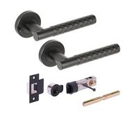 Hunta HANDLEZONE® Roca Diamond Cut Knurled Privacy Lever On Round Rose Door Handles, with Bullet Privacy Latch, for Bathroom, Toilet, WC Doors, 1 Set - Black Matt