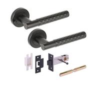 Hunta HANDLEZONE® Roca Diamond Cut Knurled Privacy Lever On Round Rose Door Handles, with Privacy Latch, for Bathroom, Toilet, WC Doors, 1 Set - Black Matt
