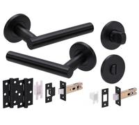 Hunta HANDLEZONE® Rota T-Bar Door Handles on Rose Bathroom Deadbolt Pack, 76mm Lock and Latch (57mm Backset), 76mm Ball Bearing Hinges - Black Matt