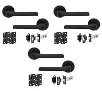 Hunta HANDLEZONE® Vento Matt Black Internal Door Handle Pack - 3 Pack - Lever on Rose Set - 76mm Tubular Latch (57mm Backset) & 2 Ball Bearing Hinges - Passage for Internal Wooden Doors