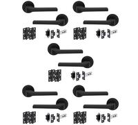 Hunta HANDLEZONE® Vento Matt Black Internal Door Handle Pack - 5 Pack - Lever on Rose Set - 76mm Tubular Latch (57mm Backset) & 2 Ball Bearing Hinges - Passage for Internal Wooden Doors