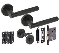 Hunta HANDLEZONE® Vida Grip Door Handles on Rose Bathroom Lock Pack with Linear Turn Set, 76mm Lock, 75mm Ball Bearing Hinges - Black Matt