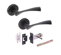 Hunta HANDLEZONE® Zena Privacy Lever On Round Rose Door Handles, with Privacy Latch, for Bathroom, Toilet, WC Doors, 1 Set - Black Matt
