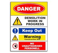 HuntaDeal Danger Demolition in Progress Safety Sign Banner-High- Visibility Warning Sign for Construction, Demolition, Commercial Sites - Site Safety Sign with PVC Multi-Hazard- Size 400mm X 650mm
