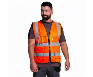 HuntaDeal Hi-Vis Vest - High Visibility Waistcoat with 2 Bands & Brace - Reflective Vest with Hook & loop Velc - Safety Workwear for All Weather Conditions- Orange