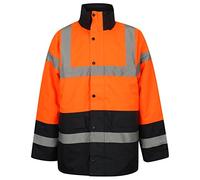 HuntaDeal Hi VIS Viz High Visibility Parka Jacket Coat Two Tone Colours Workwear Safety Security Concealed Hood Hooded Padded ¾ Length Waterproof Work Uniform … (Orange/Navy, Small)
