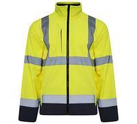 HuntaDeal Hi Viz VIS High Visibility Hi Viz Softshell Jacket Reflective Tape Weatherproof Work Coat High Vis Safety Workwear Security Road Works Fluorescent, Yellow/Navy, 2XL