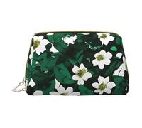 Hunter Green Floral Petals Pattern Leather Hand-Held Zipper Makeup Bag Storage Bag Portable Lipstick Pouch Toiletry Bag