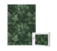 Hunter Green Floral Petals Pattern Printed Jigsaw Puzzle with Storage Box, Wooden Puzzle for Adults and Kids, 300 Pieces Family Fun Decorative Game, 28x40 CM