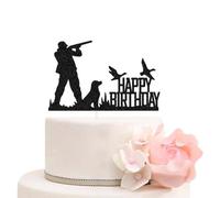 Hunter Happy Birthday Cake Topper, Hunter With Gun & His Hunting Dog Birthday Party Decorations, Camping Themed Black Glitter Cake Decor for Men' Birthday Party Supplies