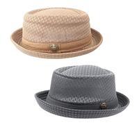 HunterBee 2 pcs Women Ladies Mesh Pork Pie,Summer Straw Pork Pie hat, Summer 1920s Panama Fedora Dad Bowler Flat Top