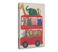 Hunting Animals on The Red Bus Canvas Poster Bedroom Decor Landscape Office Room Decor Gift 20x30inch(50x75cm)