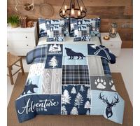 Hunting Bear Wolf 7 Piece Bedding Set Rustic Antlers Plaid Queen Size Bed In A Bag For Kids Teens Adult Cabin Patchwork Comforter Set With Sheets Farmhouse Cowboy Woodland Animal Bed Sets, Blue Grey