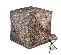 Hunting Blind, Portable 2-3 Person 270 Degree See Through Hunting Blind Ground with Tri-Leg Hunting Stool, Camouflage Pop Up Turkey Deer Blinds Tent, Bow Hunting Adjust Windows with Silent Zipper