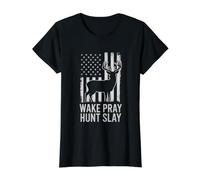 Hunting Camo American Flag Deer Hunter Wake Pray Hunt Slay Value Graphic T-Shirt, Women, Black, L