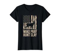 Hunting Camo American Flag Deer Hunter Wake Pray Hunt Slay Value Graphic T-Shirt, Women, Black, M