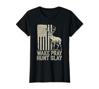 Hunting Camo American Flag Deer Hunter Wake Pray Hunt Slay Value Graphic T-Shirt, Women, Black, M