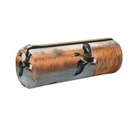 Hunting Flying Wild Duck 1 Printed Leather Pencil Case Cute Stationery Organizer Round Makeup Bag Pen Pouch, Gold Zipper