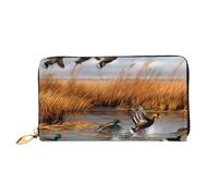 Hunting Flying Wild Duck 2 Printed Leather Wallet for Men Women, Long Clutch Handbag with 12 Card Holder and 3 Money Clip