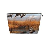 Hunting Flying Wild Duck 2 Printed Toiletry Bag for Women Girl Portable Travel Cosmetic Bag Leather Makeup Pouch Organizer with Gold Zipper
