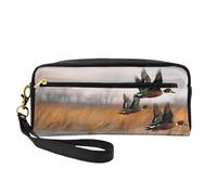 Hunting Flying Wild Duck 3 Printed Leather Makeup Bags with Wrist Strap Portable Travel Toiletry Bag Cosmetic Organizer Bag for Women