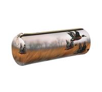 Hunting Flying Wild Duck 3 Printed Leather Pencil Case Cute Stationery Organizer Round Makeup Bag Pen Pouch, Gold Zipper