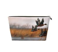 Hunting Flying Wild Duck 3 Printed Toiletry Bag for Women Girl Portable Travel Cosmetic Bag Leather Makeup Pouch Organizer with Gold Zipper