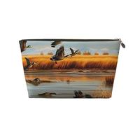 Hunting Flying Wild Duck 5 Printed Toiletry Bag for Women Girl Portable Travel Cosmetic Bag Leather Makeup Pouch Organizer with Gold Zipper