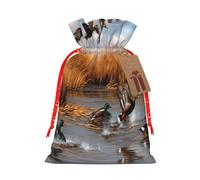 Hunting Flying Wild Duck -Print Reusable Burlap Pouches Drawstring Bags, Rustic Wedding Christmas Party Favors Bulk Packaging.