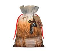 Hunting Flying Wild Duck -Print Reusable Burlap Pouches Drawstring Bags, Rustic Wedding Christmas Party Favors Bulk Packaging.