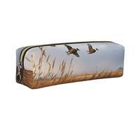 Hunting Flying Wild Duck Printed Leather Pencil Case Cute Stationery Organizer Simple Makeup Bag Pen Pouch, Gold Zipper