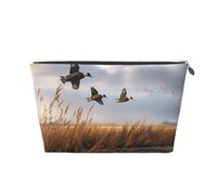 Hunting Flying Wild Duck Printed Toiletry Bag for Women Girl Portable Travel Cosmetic Bag Leather Makeup Pouch Organizer with Silver Zipper