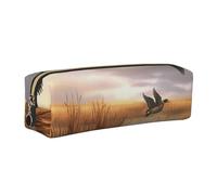 Hunting Flying Wild Ducks 6 Printed Leather Pencil Case Cute Stationery Organizer Simple Makeup Bag Pen Pouch, Gold Zipper