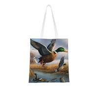 Hunting Flying Wild Ducks by the lake Print Canvas Tote Shopping Bag Reusable Foldable Grocery Bags Shoulder Bag for Travel, Beach, Gym, Work, School