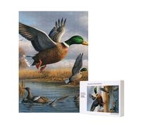 Hunting Flying Wild Ducks by the lake Printed Jigsaw Puzzle with Storage Box, Wooden Puzzle for Adults and Kids, 300 Pieces Family Fun Decorative Game