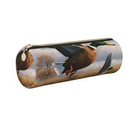 Hunting Flying Wild Ducks by The Lake Printed Leather Pencil Case Cute Stationery Organizer Round Makeup Bag Pen Pouch, Gold Zipper