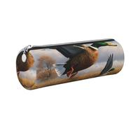 Hunting Flying Wild Ducks by The Lake Printed Leather Pencil Case Cute Stationery Organizer Round Makeup Bag Pen Pouch, Silver Zipper