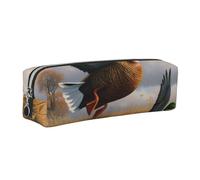 Hunting Flying Wild Ducks by The Lake Printed Leather Pencil Case Cute Stationery Organizer Simple Makeup Bag Pen Pouch, Silver Zipper